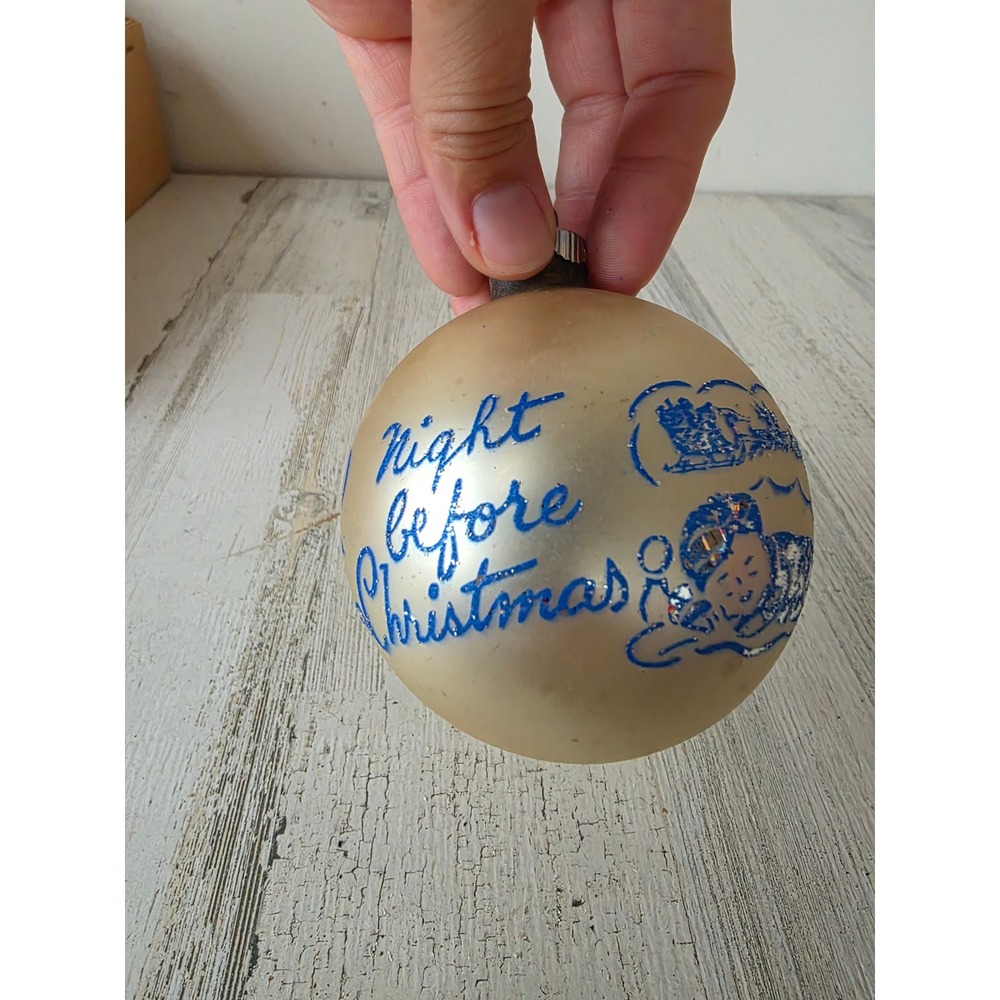 Vintage shiny Brite Venetian dew ornament night before xmas stencil blue jumbo